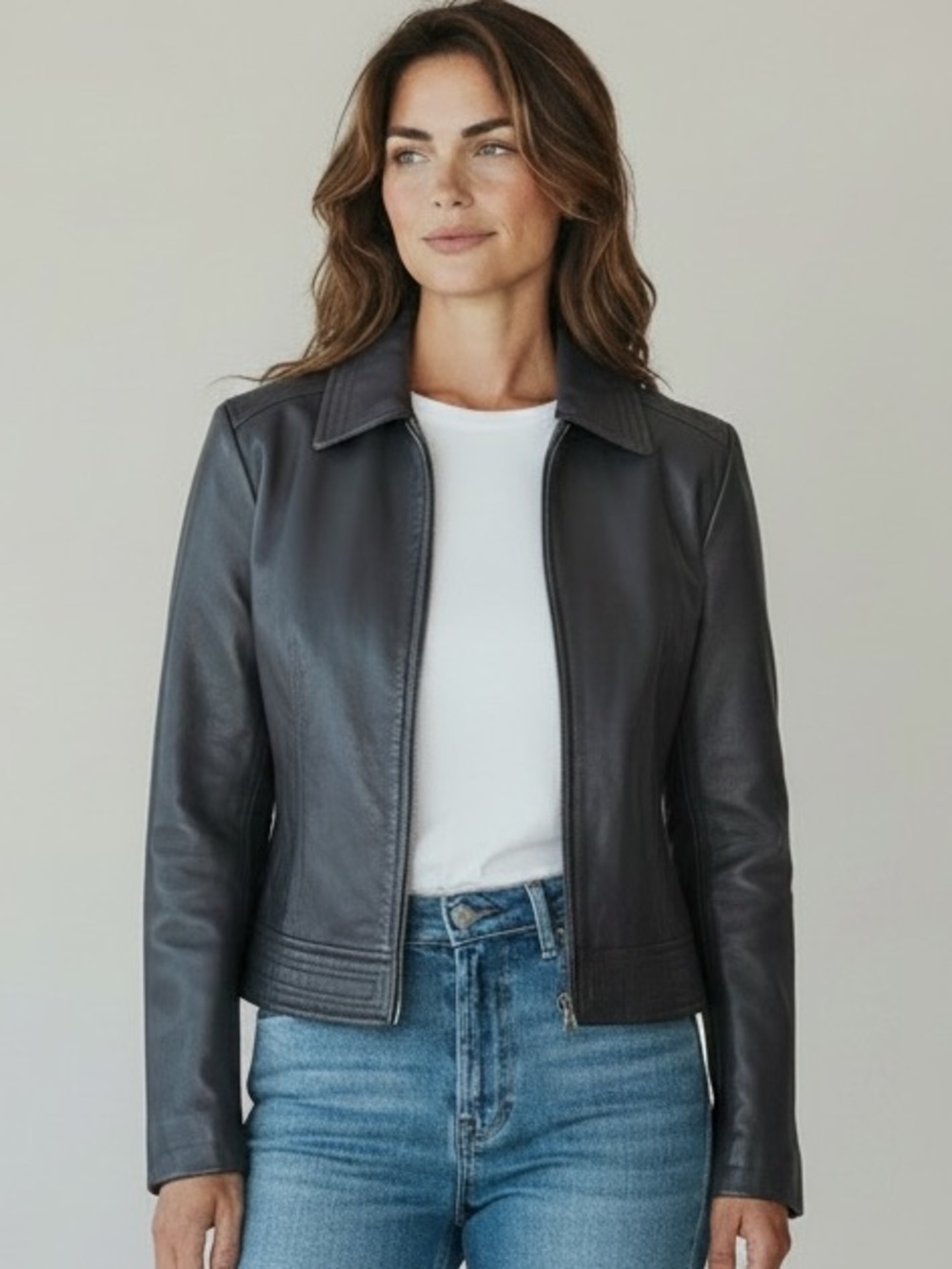 Kenneth Cole Vintage Black Leather Zip Up Jacket Moto Minimalist Size S